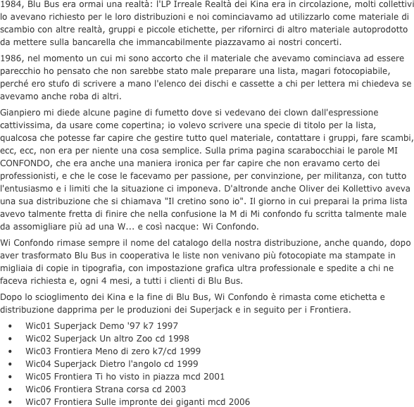 1984, Blu Bus era ormai una realtà: l'LP Irreale Realtà dei Kina era in circolazione, molti collettivi lo avevano richiesto per le loro distribuzioni e noi cominciavamo ad utilizzarlo come materiale di scambio con altre realtà, gruppi e piccole etichette, per rifornirci di altro materiale autoprodotto da mettere sulla bancarella che immancabilmente piazzavamo ai nostri concerti.
1986, nel momento un cui mi sono accorto che il materiale che avevamo cominciava ad essere parecchio ho pensato che non sarebbe stato male preparare una lista, magari fotocopiabile, perché ero stufo di scrivere a mano l'elenco dei dischi e cassette a chi per lettera mi chiedeva se avevamo anche roba di altri.
Gianpiero mi diede alcune pagine di fumetto dove si vedevano dei clown dall'espressione cattivissima, da usare come copertina; io volevo scrivere una specie di titolo per la lista, qualcosa che potesse far capire che gestire tutto quel materiale, contattare i gruppi, fare scambi, ecc, ecc, non era per niente una cosa semplice. Sulla prima pagina scarabocchiai le parole MI CONFONDO, che era anche una maniera ironica per far capire che non eravamo certo dei professionisti, e che le cose le facevamo per passione, per convinzione, per militanza, con tutto l'entusiasmo e i limiti che la situazione ci imponeva. D'altronde anche Oliver dei Kollettivo aveva una sua distribuzione che si chiamava "Il cretino sono io". Il giorno in cui preparai la prima lista avevo talmente fretta di finire che nella confusione la M di Mi confondo fu scritta talmente male da assomigliare più ad una W... e così nacque: Wi Confondo.
Wi Confondo rimase sempre il nome del catalogo della nostra distribuzione, anche quando, dopo aver trasformato Blu Bus in cooperativa le liste non venivano più fotocopiate ma stampate in migliaia di copie in tipografia, con impostazione grafica ultra professionale e spedite a chi ne faceva richiesta e, ogni 4 mesi, a tutti i clienti di Blu Bus.
Dopo lo scioglimento dei Kina e la fine di Blu Bus, Wi Confondo è rimasta come etichetta e distribuzione dapprima per le produzioni dei Superjack e in seguito per i Frontiera.
	•	Wic01 Superjack Demo '97 k7 1997
	•	Wic02 Superjack Un altro Zoo cd 1998
	•	Wic03 Frontiera Meno di zero k7/cd 1999
	•	Wic04 Superjack Dietro l'angolo cd 1999
	•	Wic05 Frontiera Ti ho visto in piazza mcd 2001
	•	Wic06 Frontiera Strana corsa cd 2003
	•	Wic07 Frontiera Sulle impronte dei giganti mcd 2006

